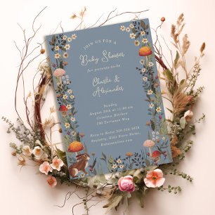 Invitation champignons des bois baby shower bleu fleur sauvag