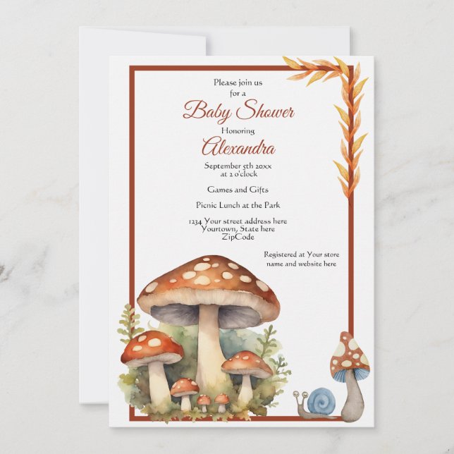 Invitation Champignons des bois Baby shower neutre selon le s (Devant)