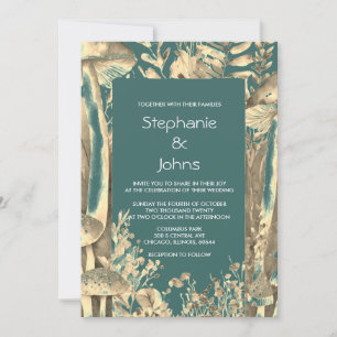 Invitation Champignons en or Turquoise foncé Woodland Mariage