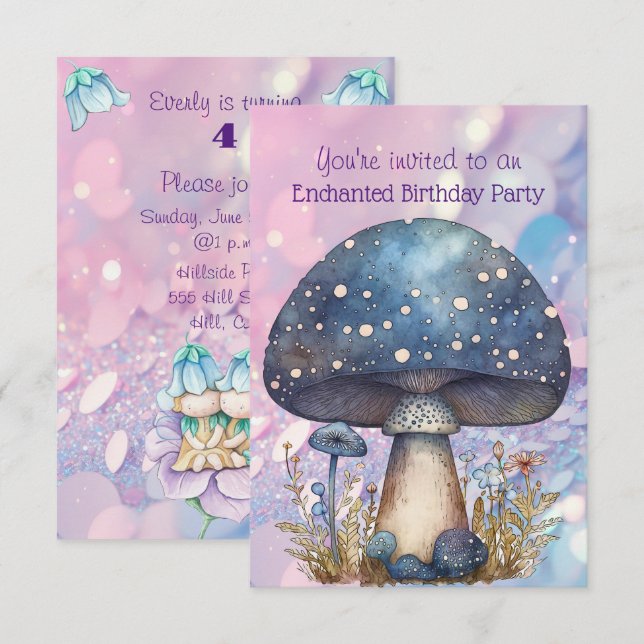 Invitation Champignons enchantés 4 ans Anniversaire (Devant / Derrière)