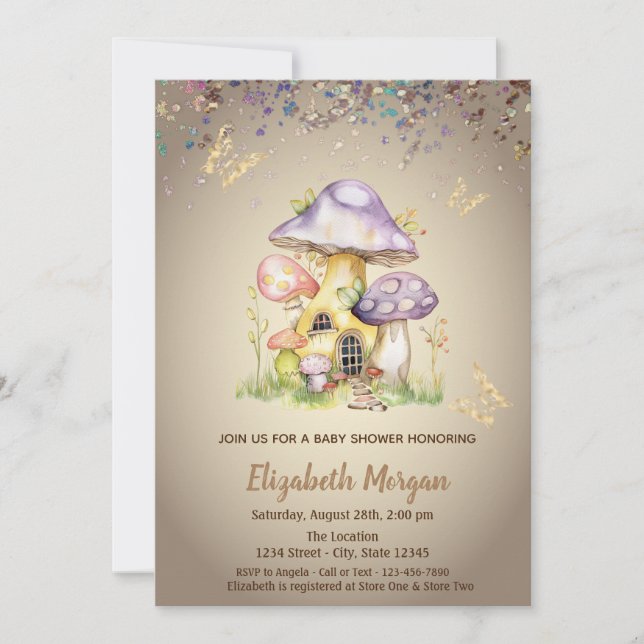 Invitation Champignons Maisons Baby shower à papillon d'or (Devant)