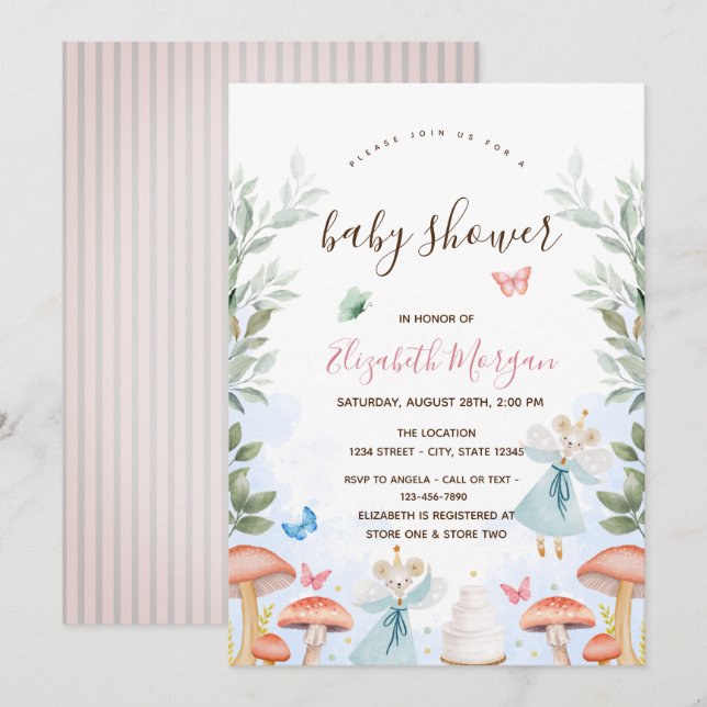 Invitation Champignons, Maisons pour bébés Baby shower à rayu (Devant / Derrière)