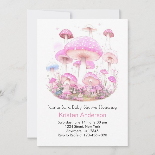 Invitation Champignons roses Blissful Forest Girl Baby shower (Devant)