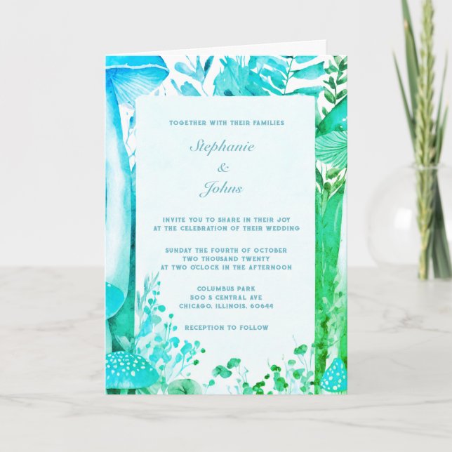 Invitation Champignons verts Bleus Bois Boho Mariage Abstrait (Devant)