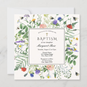 Invitation Champs fleurs sauvages et abeilles miel Baptême