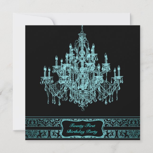 Invitation Chandelier bleu turquoise femmes fête de 21e anniv (Devant)