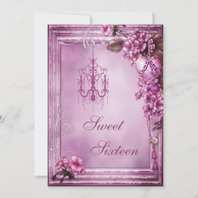Invitation Chandelier, Coeur & Fleurs Frame Sweet 16 (Devant)