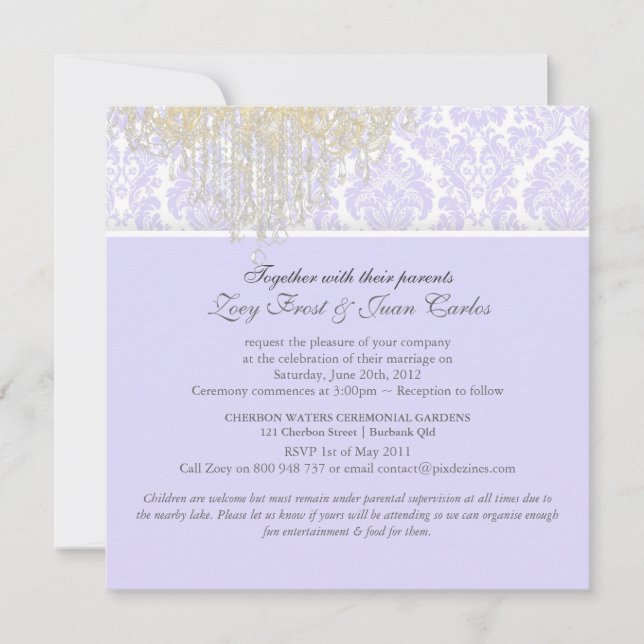 Invitation Chandelier de cristal PixDezines+Moiré Damask/viol (Devant)