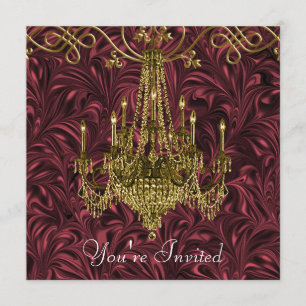 Invitation Chandelier de fête rouge Bourgogne or
