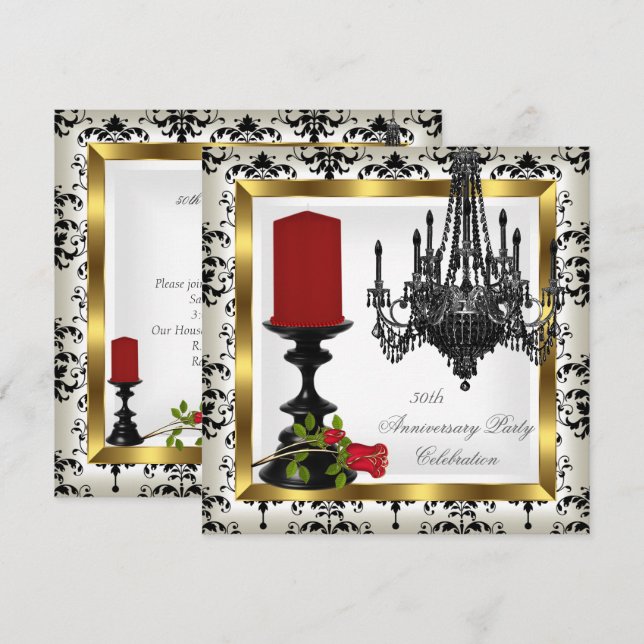 Invitation Chandelier d'or 50e Anniversaire Bougie de rose ro (Devant / Derrière)