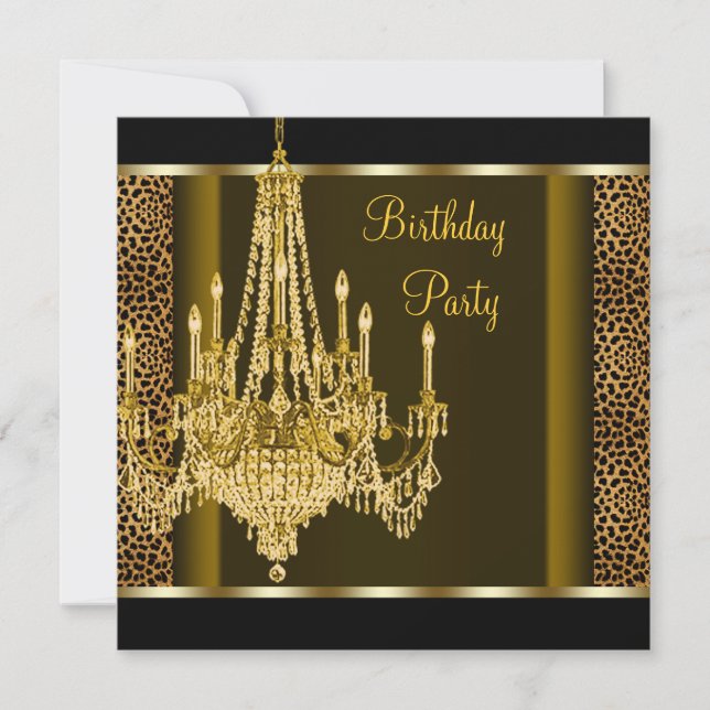 Invitation Chandelier d'or noir Leopard fête d'anniversaire (Devant)