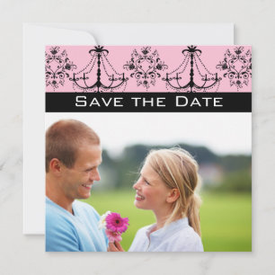 Invitation Chandelier en damas noir rose photo Enregistrer la