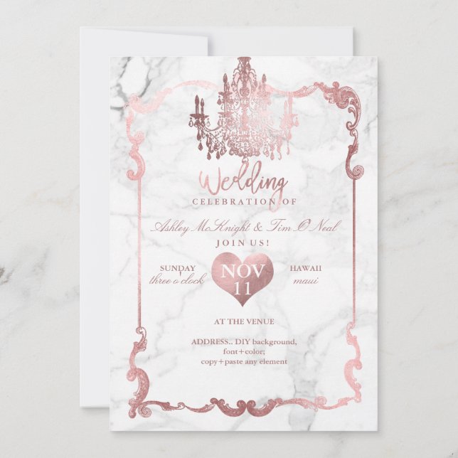 Invitation Chandelier en or Rose PixDezines/Coeur/Marbre (Dos)