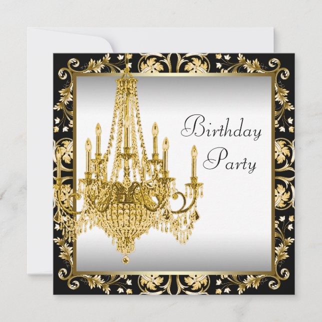 Invitation Chandelier noir blanc or fête d'anniversaire (Devant)