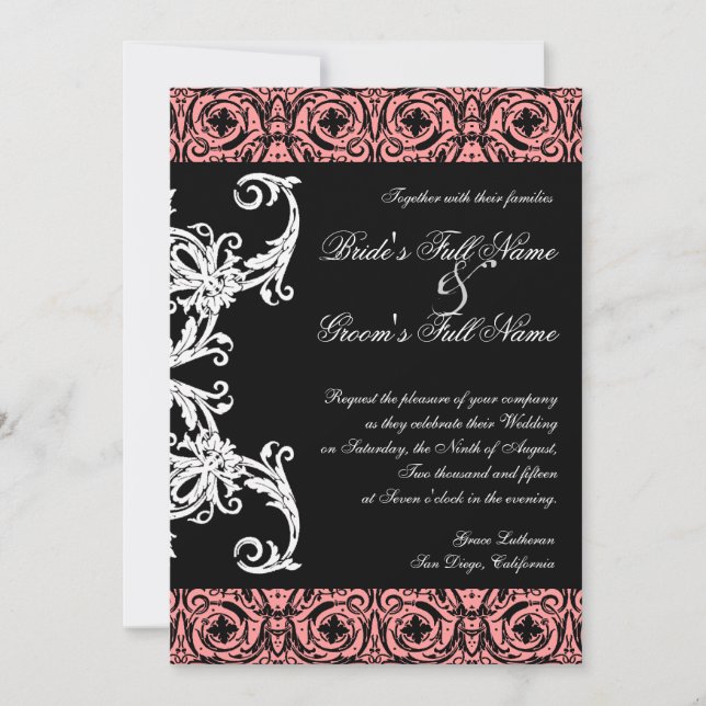 Invitation Chandelier noir et blanc Mariage damassé Invitatio (Devant)