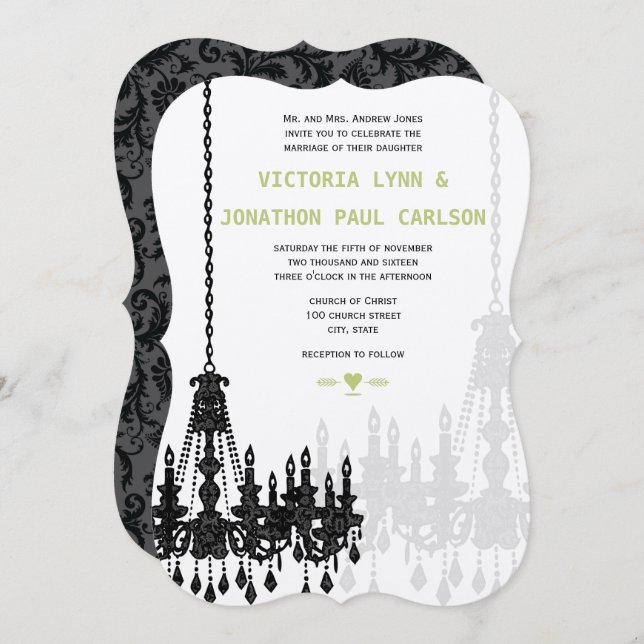 Invitation Chandelier noir gris vert damassé Mariage (Devant / Derrière)