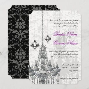 Invitation Chandelier noir rose gris Mariage damassé