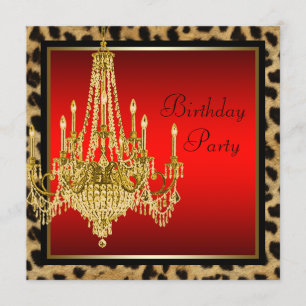 Invitation Chandelier noir rouge léopard or fête d'anniversai