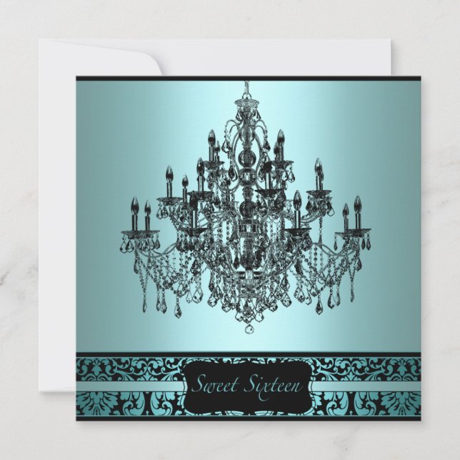 Invitation Chandelier noir turquoise Sweet 16 Anniversaire (Devant)