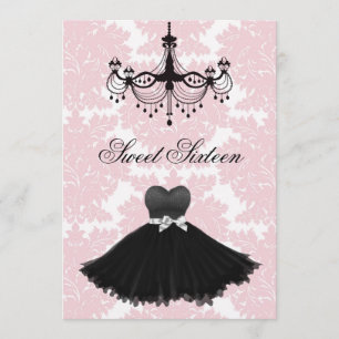 Invitation Chandelier rose damas noir Sweet Sixteen Anniversa