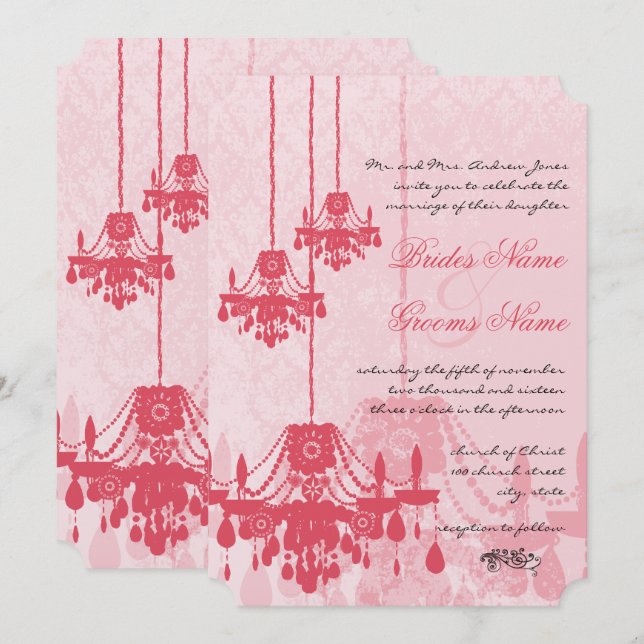 Invitation Chandelier rose glace fraise Mariage damassé (Devant / Derrière)