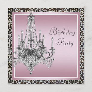 Invitation Chandelier Rose Léopard Noir Fête d'Anniversaire