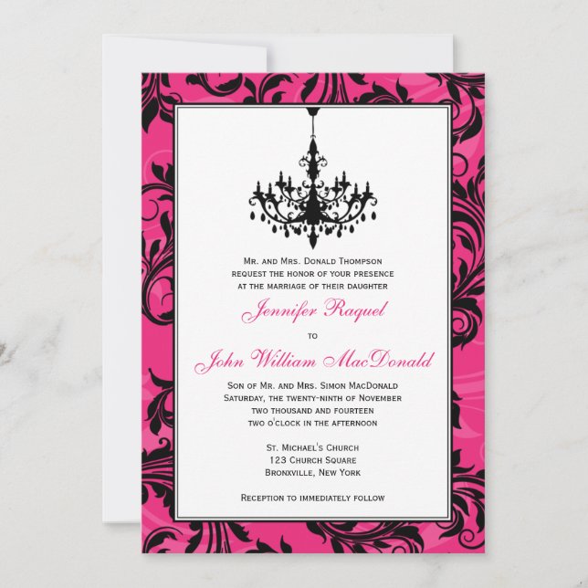 Invitation Chandelier rose noir blanc manuscrit Mariage Invit (Devant)
