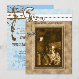 Invitation Chandelier Vintage bleu et Brown Damas Votre photo