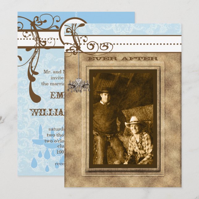 Invitation Chandelier Vintage bleu et Brown Damas Votre photo (Devant / Derrière)