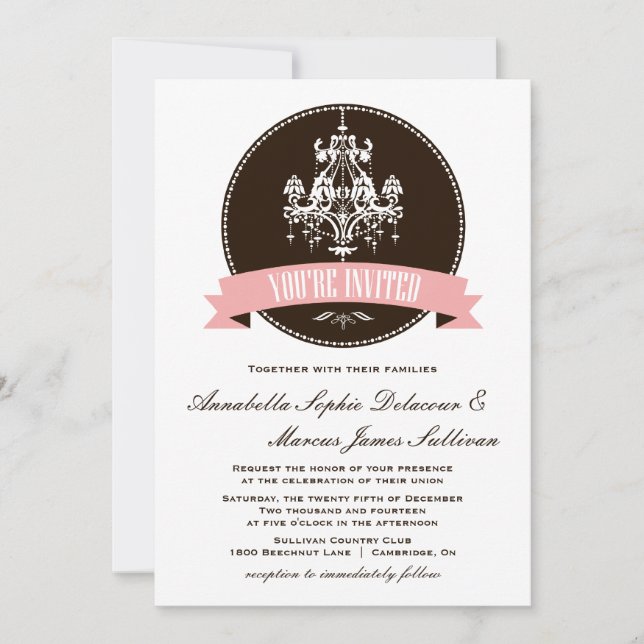 Invitation Chandelier vintage rose et Mariage Brown Invitati (Devant)
