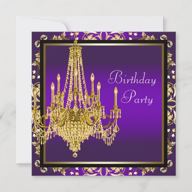 Invitation Chandelier violet or fête d'anniversaire (Devant)