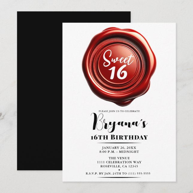 Invitation Chandelle rouge Cire Sceau élégant Classy Sweet 16 (Devant / Derrière)