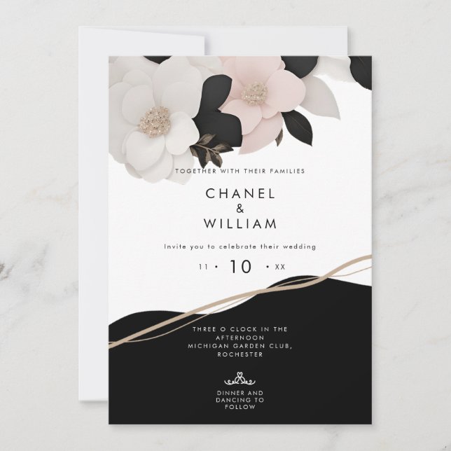 Invitation Chanel noir et blanc bijou mariage floral (Devant)
