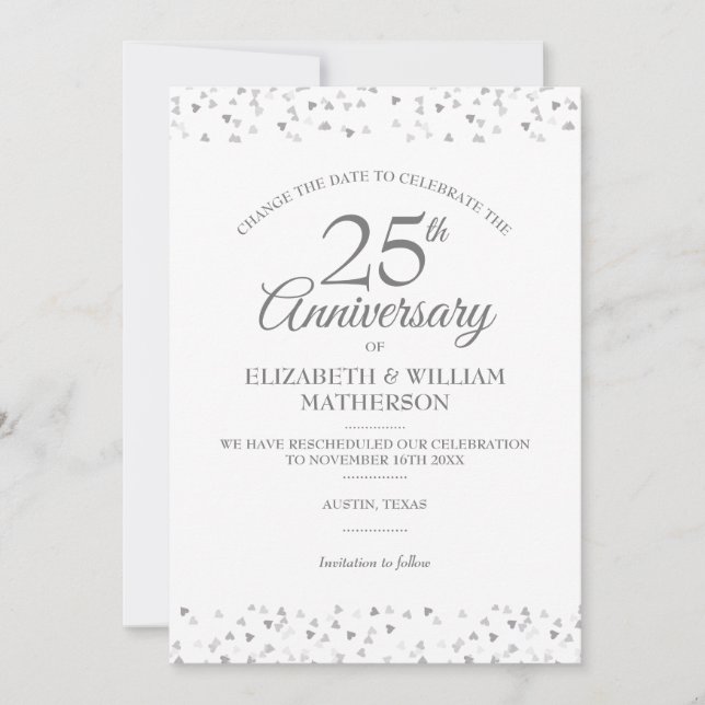 Invitation Changement de date 25e anniversaire cœurs argentés (Devant)