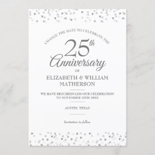 Invitation Changement de Date 25e Anniversaire Cœurs Argentés