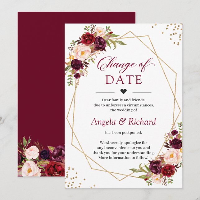 Invitation Changement de date Bourgogne Rouge Floral Or Géomé (Devant / Derrière)