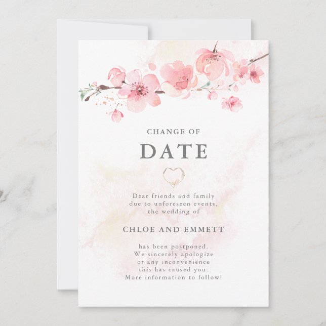 Invitation Changement de date Cherry Blossom Mariage Faire-pa (Devant)