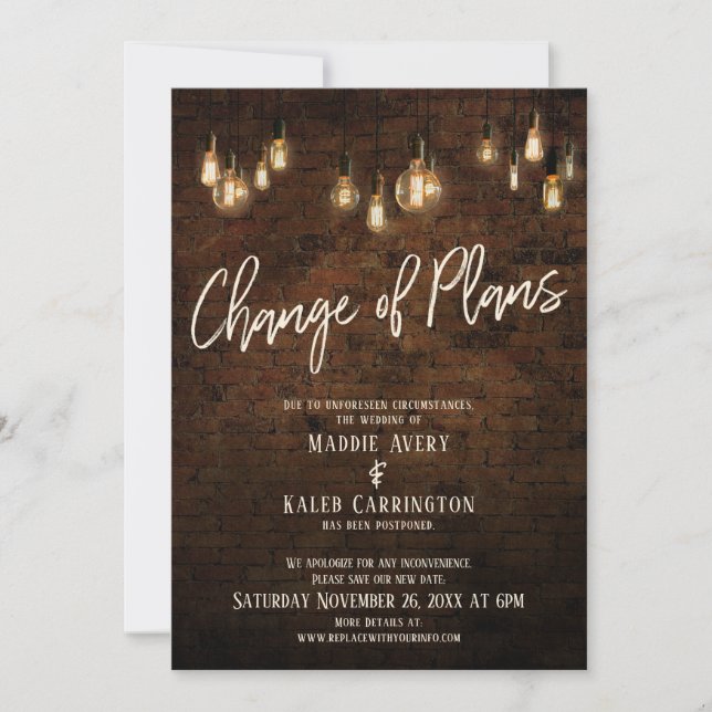 Invitation Changement de plan Edison Lumières Reporté Mariage (Devant)