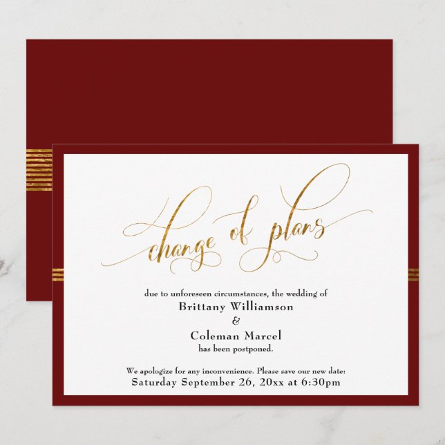 Invitation Changement de plan Elegant Burgundy Gold Stripe Ca (Devant / Derrière)