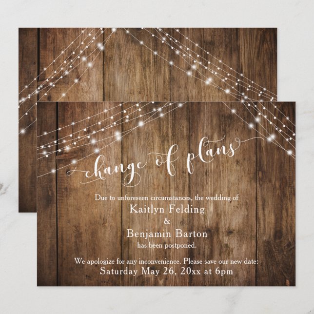 Invitation Changement de plan Mariage reporté Bois et lumière (Devant / Derrière)