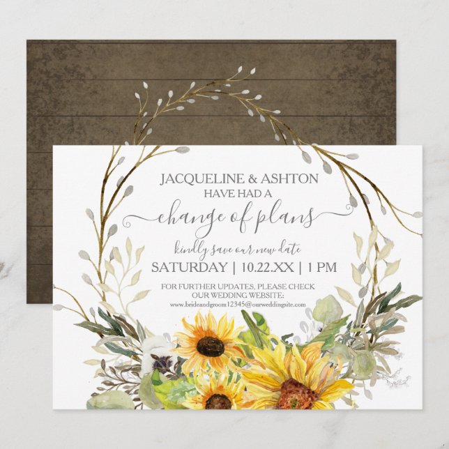 Invitation Changement de plan rustique Script tournesol en bo (Devant / Derrière)