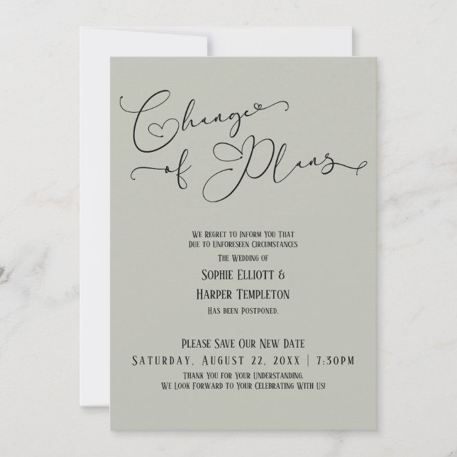 Invitation Changement de plan, Sage élégant Nouvelle date Mar (Devant)