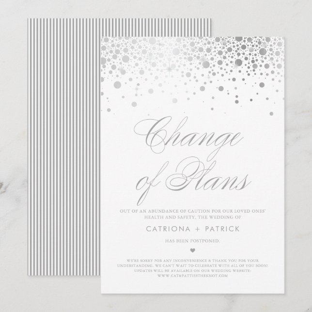 Invitation Changement de plans Argent Foil Confetti reporté (Devant / Derrière)