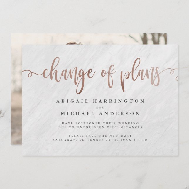 Invitation Changement de plans en marbre blanc et or rose (Devant / Derrière)