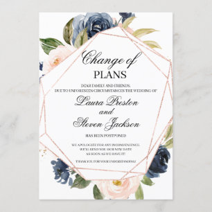 Invitation Changement de plans floral bleu marine et rose blu