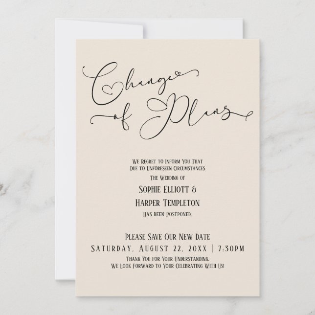 Invitation Changement de plans, Nouvelle date de mariage élég (Devant)