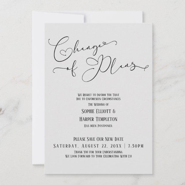 Invitation Changement de plans, nouvelle date de mariage gris (Devant)