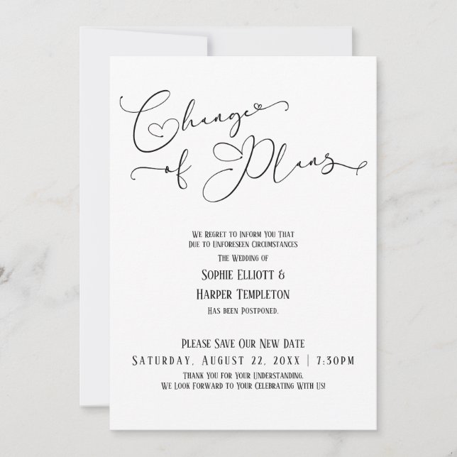 Invitation Changement de plans, Nouvelle date de mariage simp (Devant)