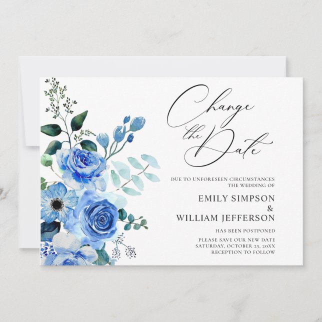 Invitation Changement De Plans Reporté Dusty Blue Foliage (Devant)