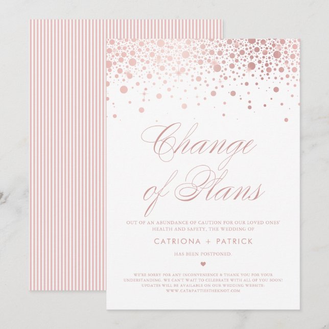 Invitation Changement de plans Rose Gold Foil Confetti report (Devant / Derrière)